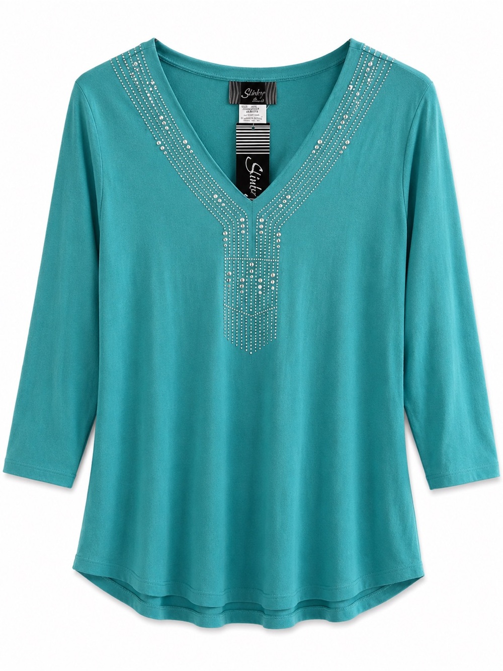 NWT Slinky Brand Women Teal V-Neck Long Sleeve Top with Rhinestone Detail Large